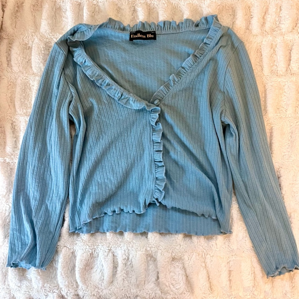 Blue Ruffled 3/4 Sleeve Ribbed Blouse